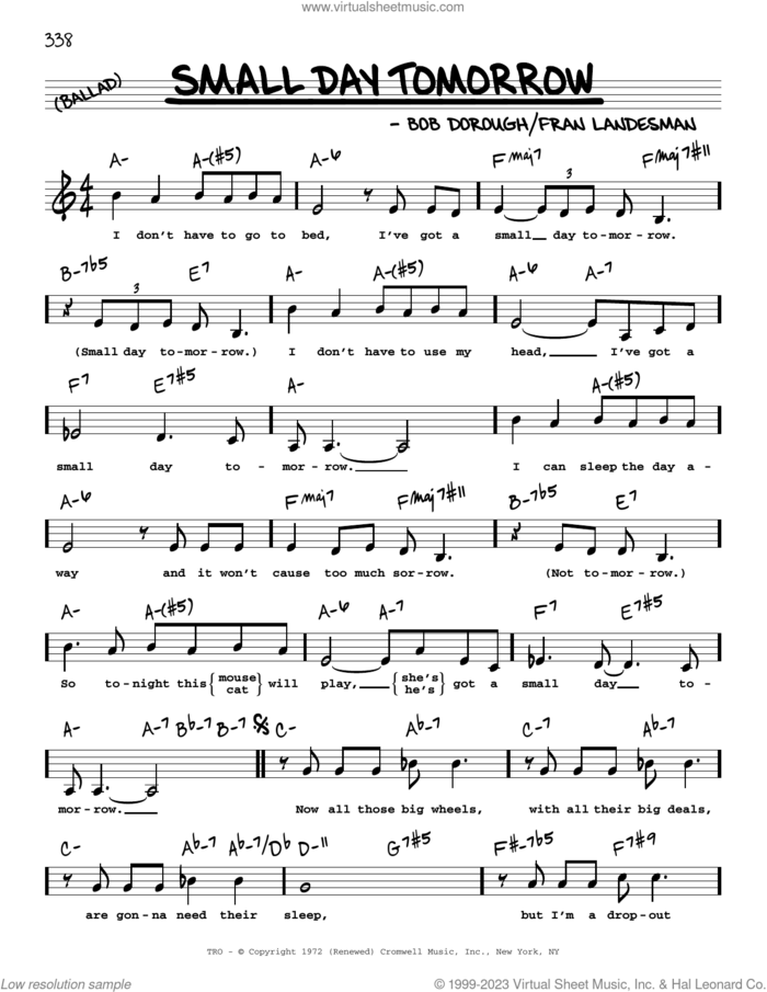 Small Day Tomorrow (Low Voice) sheet music for voice and other instruments (low voice) by Bob Dorough and Fran Landesman, intermediate skill level