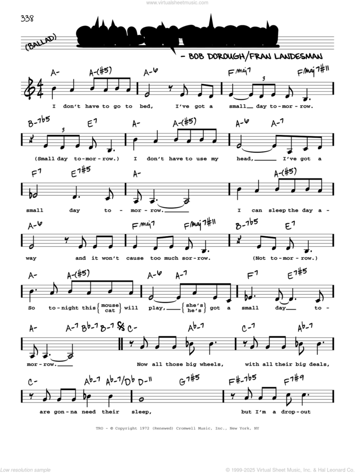 Small Day Tomorrow (Low Voice) sheet music for voice and other instruments (low voice) by Bob Dorough and Fran Landesman, intermediate skill level