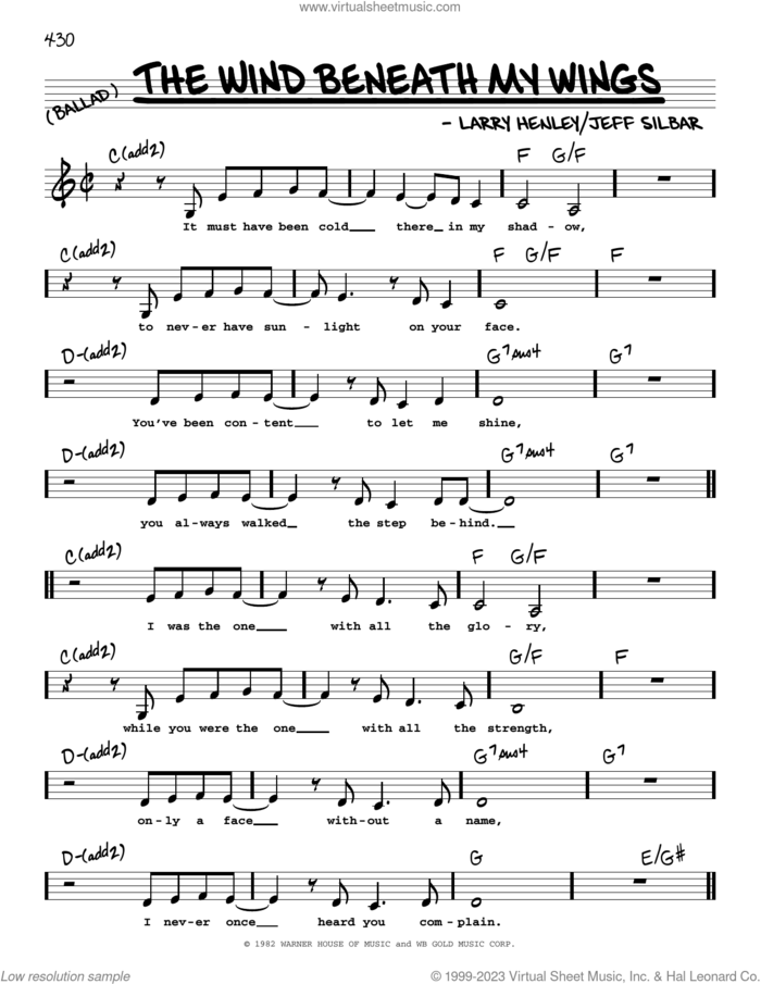 The Wind Beneath My Wings (Low Voice) sheet music for voice and other instruments (low voice) by Bette Midler, Jeff Silbar and Larry Henley, intermediate skill level