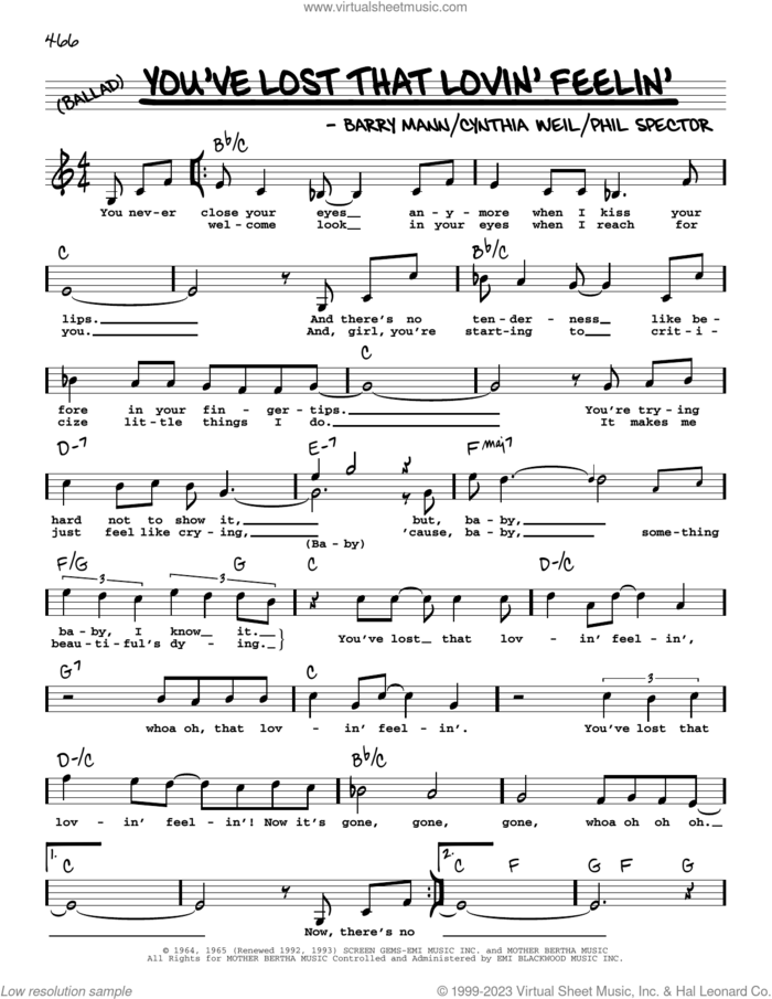 You've Lost That Lovin' Feelin' (Low Voice) sheet music for voice and other instruments (low voice) by The Righteous Brothers, Elvis Presley, Barry Mann, Cynthia Weil and Phil Spector, intermediate skill level