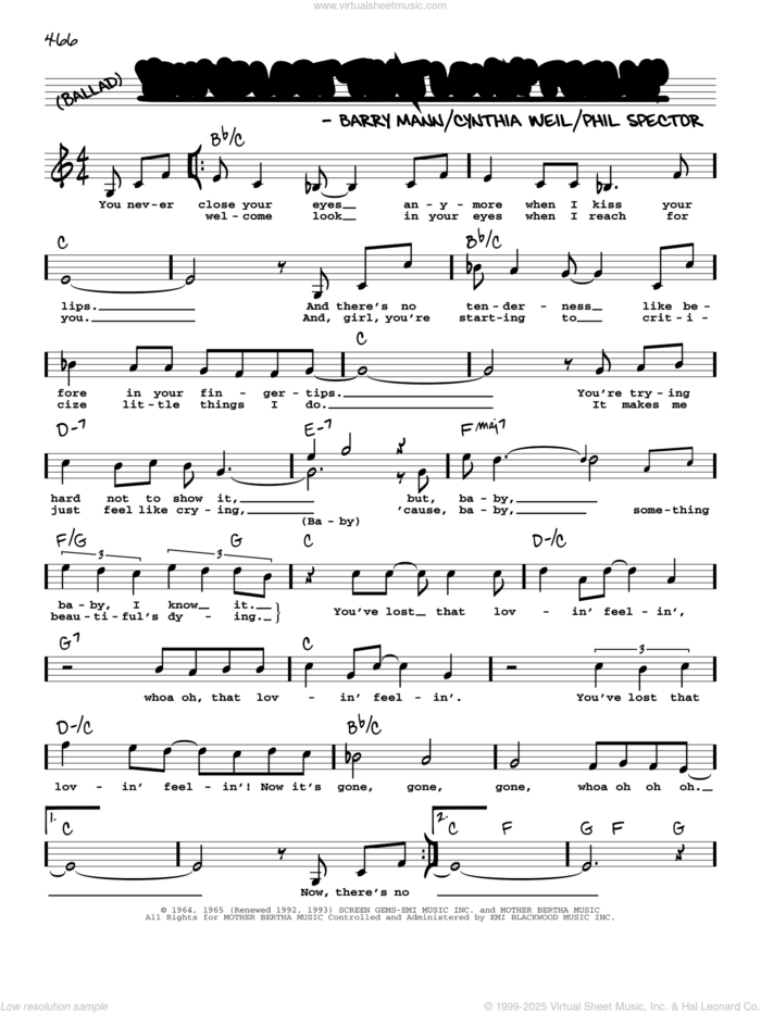 You've Lost That Lovin' Feelin' (Low Voice) sheet music for voice and other instruments (low voice) by The Righteous Brothers, Elvis Presley, Barry Mann, Cynthia Weil and Phil Spector, intermediate skill level