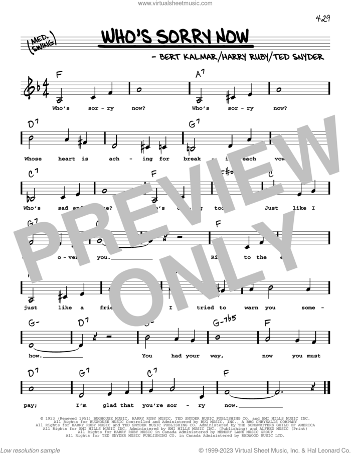 Who's Sorry Now (Low Voice) sheet music for voice and other instruments (low voice) by Connie Francis, Bert Kalmar, Harry Ruby and Ted Snyder, intermediate skill level