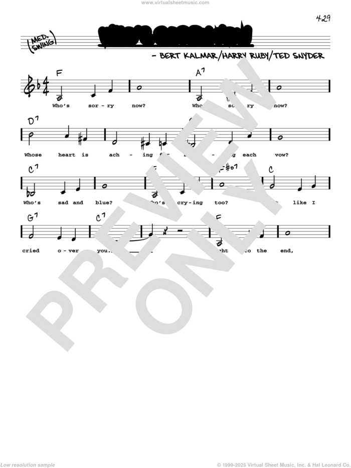 Who's Sorry Now (Low Voice) sheet music for voice and other instruments (low voice) by Connie Francis, Bert Kalmar, Harry Ruby and Ted Snyder, intermediate skill level