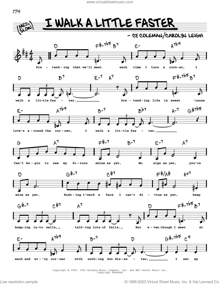 I Walk A Little Faster (Low Voice) sheet music for voice and other instruments (low voice) by Cy Coleman and Carolyn Leigh, Carolyn Leigh and Cy Coleman, intermediate skill level