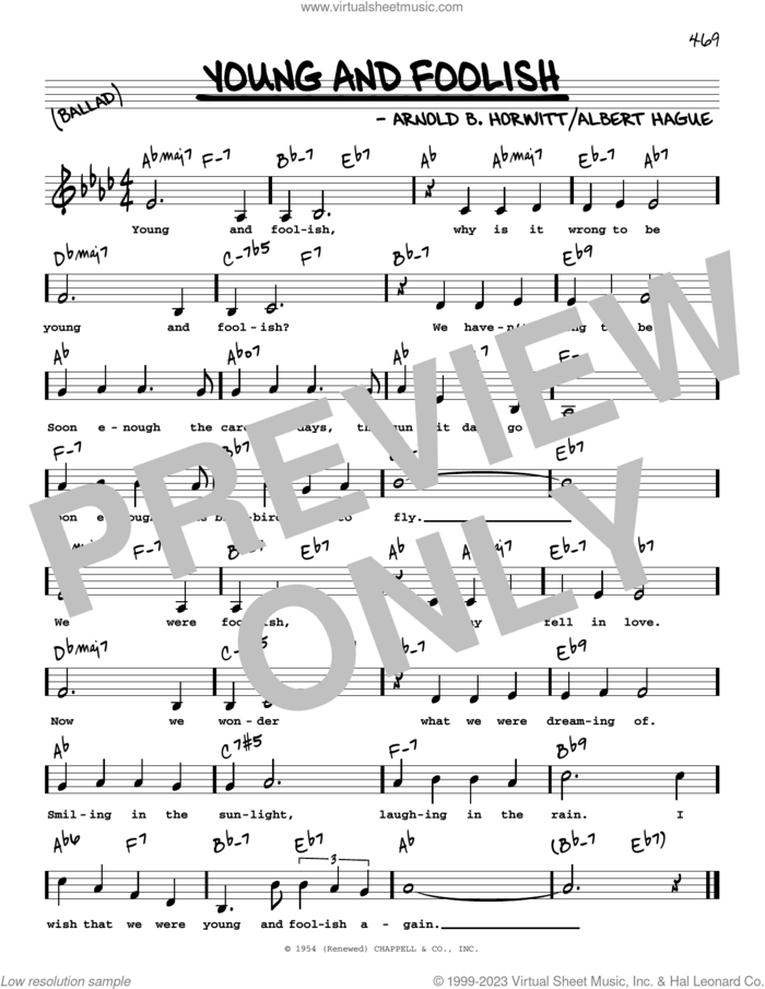 Young And Foolish (Low Voice) sheet music for voice and other instruments (low voice) by Albert Hague and Arnold B. Horwitt, intermediate skill level