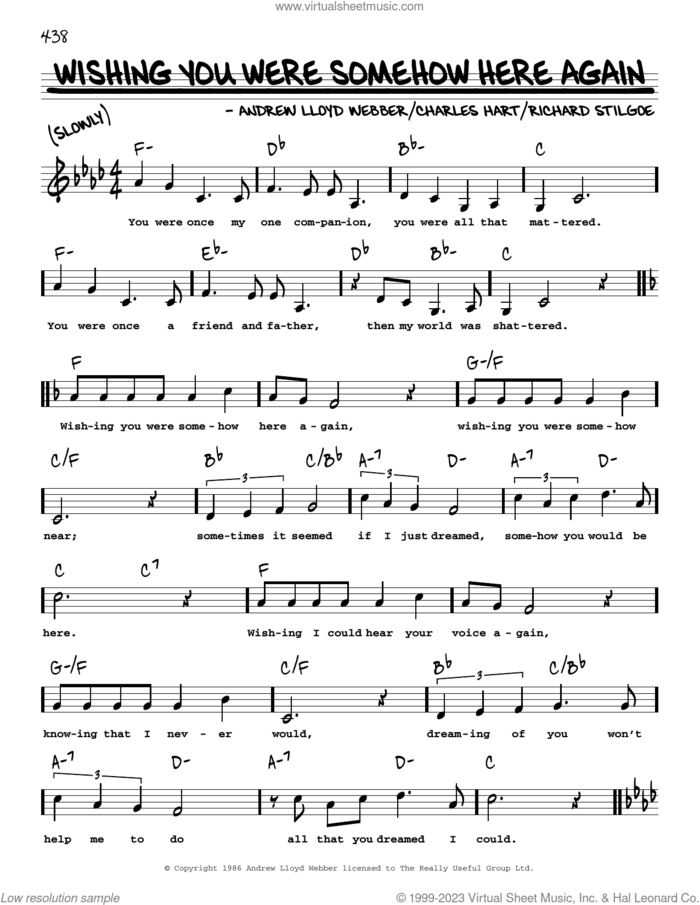 Wishing You Were Somehow Here Again (Low Voice) (from The Phantom Of The Opera) sheet music for voice and other instruments (low voice) by Andrew Lloyd Webber, Charles Hart and Richard Stilgoe, intermediate skill level