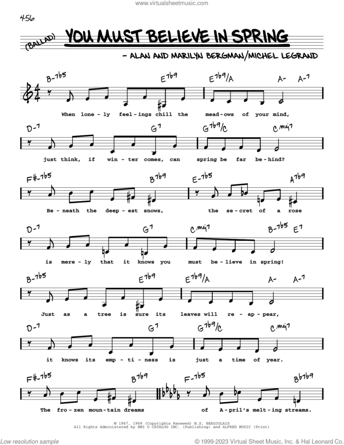 You Must Believe In Spring (Low Voice) sheet music for voice and other instruments (low voice) by Alan Bergman, Marilyn Bergman and Michel LeGrand, intermediate skill level