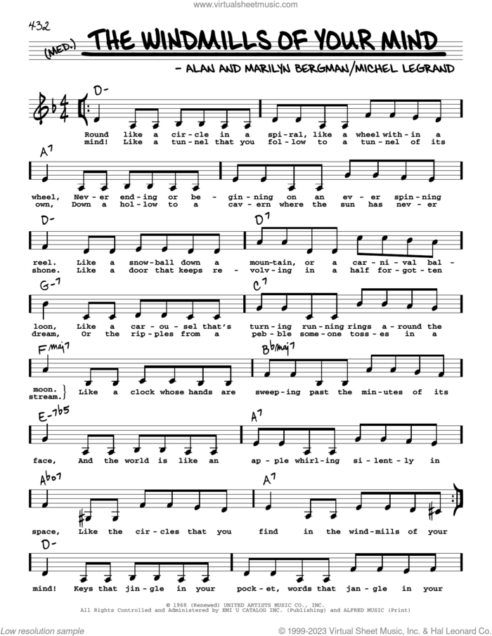 The Windmills Of Your Mind (Low Voice) sheet music for voice and other instruments (low voice) by Alan Bergman, Marilyn Bergman and Michel LeGrand, intermediate skill level