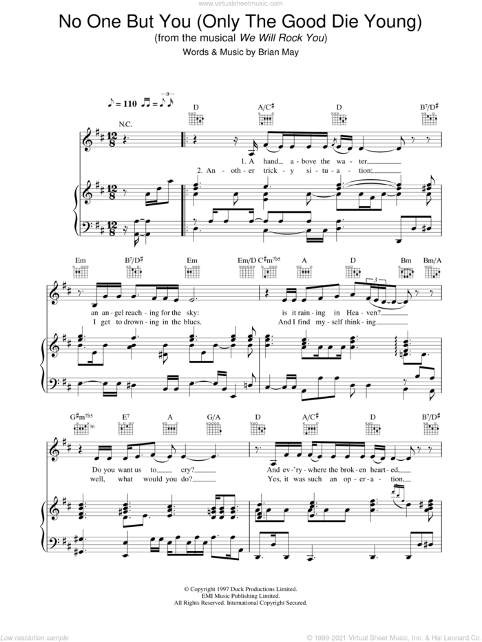 No One But You (Only The Good Die Young) sheet music for voice, piano or guitar by We Will Rock You, intermediate skill level
