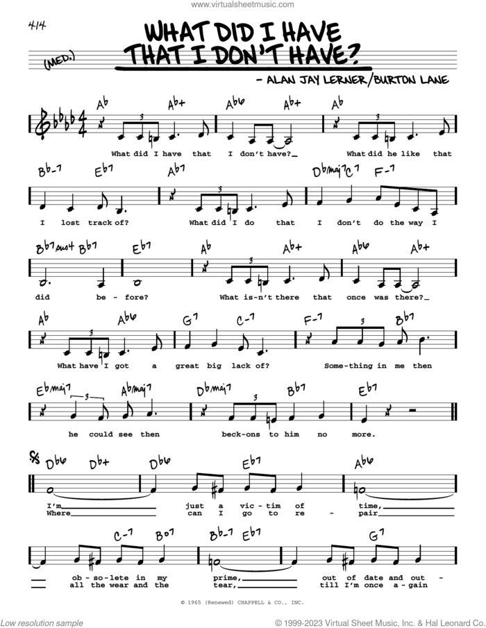 What Did I Have That I Don't Have? (Low Voice) sheet music for voice and other instruments (low voice) by Alan Jay Lerner and Burton Lane, intermediate skill level