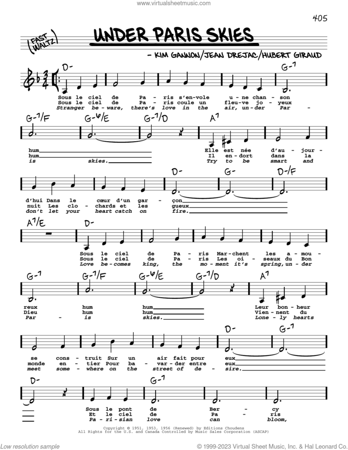 Under Paris Skies (Low Voice) sheet music for voice and other instruments (low voice) by Kim Gannon, Hubert Giraud and Jean Drejac, intermediate skill level