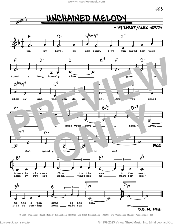 Unchained Melody (Low Voice) sheet music for voice and other instruments (low voice) by The Righteous Brothers, Al Hibbler, Barry Manilow, Elvis Presley, Les Baxter, Alex North and Hy Zaret, intermediate skill level