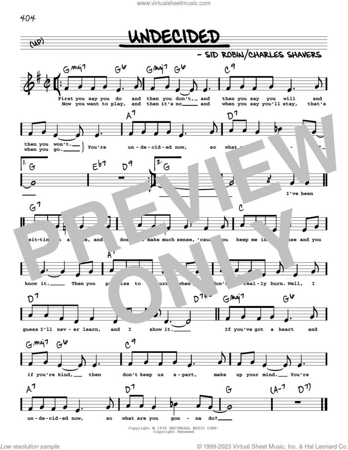 Undecided (Low Voice) sheet music for voice and other instruments (low voice) by Chick Webb and His Orchestra, Charles Shavers and Sid Robin, intermediate skill level