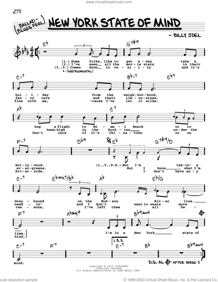 New York State Of Mind (Low Voice) sheet music for voice and other instruments (low voice) by Billy Joel, intermediate skill level