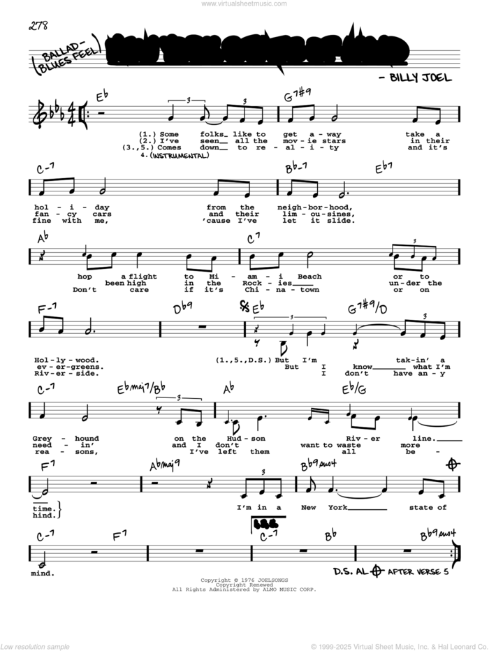 New York State Of Mind (Low Voice) sheet music for voice and other instruments (low voice) by Billy Joel, intermediate skill level