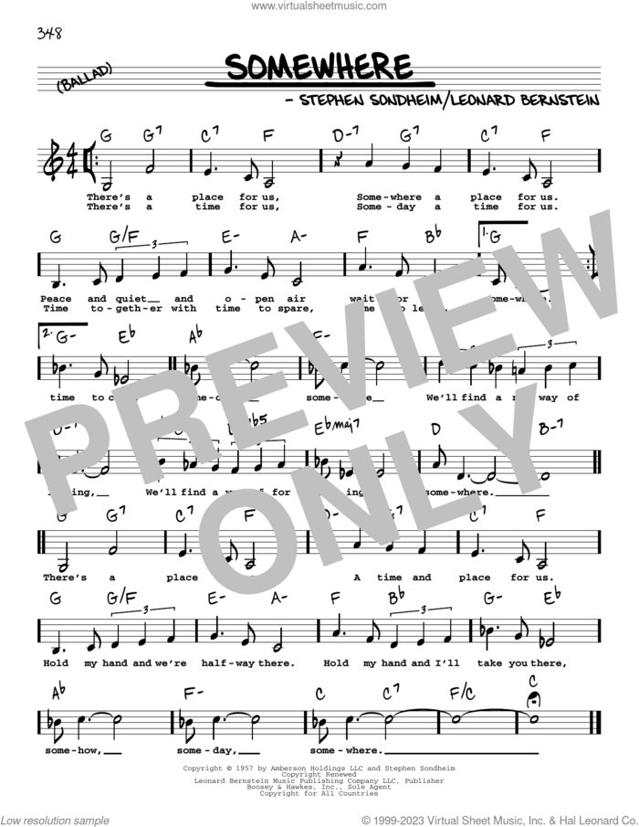 Somewhere (from West Side Story) (Low Voice) sheet music for voice and other instruments (low voice) by Stephen Sondheim and Leonard Bernstein, intermediate skill level