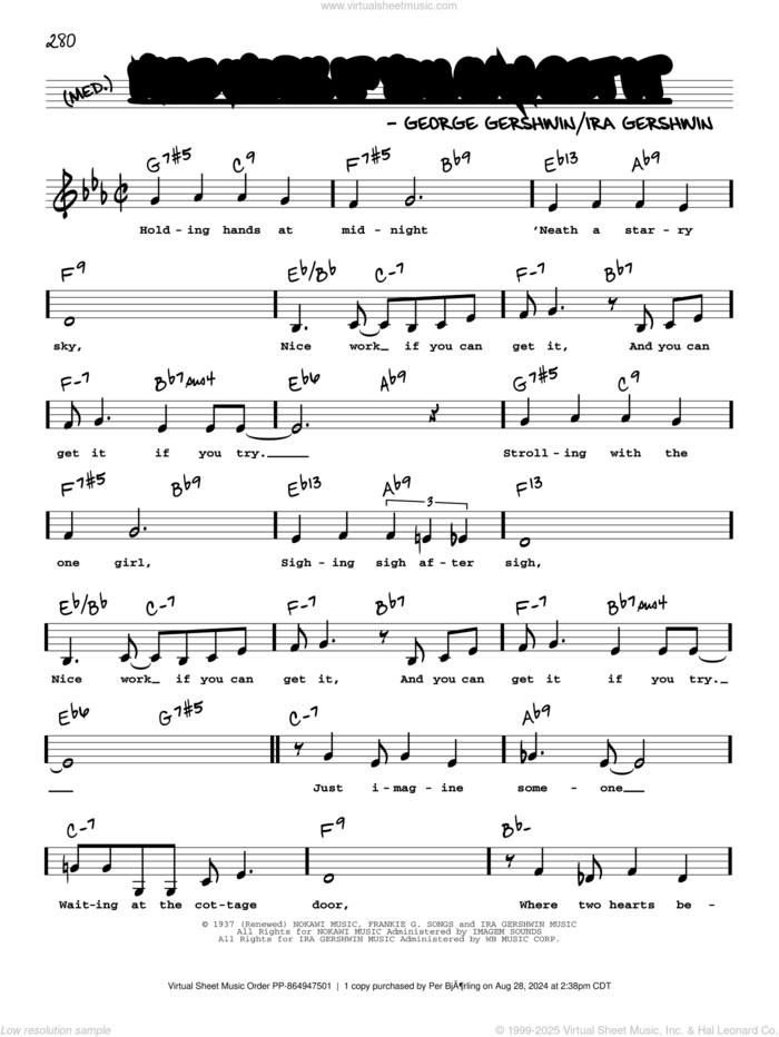 Nice Work If You Can Get It (Low Voice) sheet music for voice and other instruments (low voice) by George Gershwin and Ira Gershwin, intermediate skill level