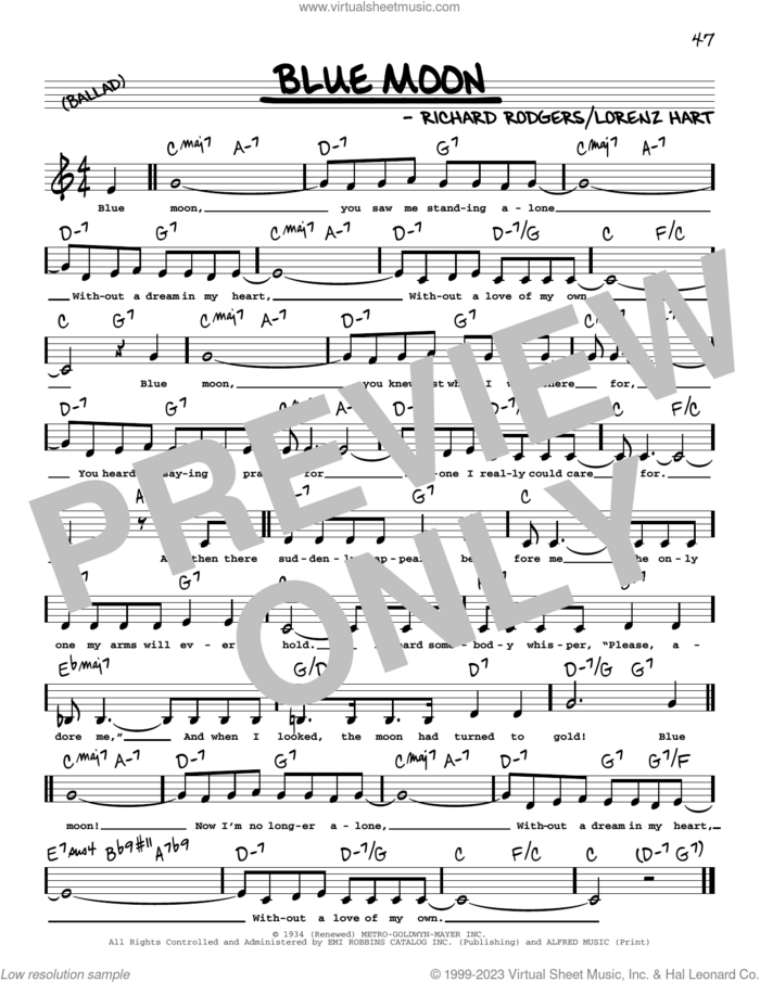 Blue Moon (Low Voice) sheet music for voice and other instruments (low voice) by The Marcels, Lorenz Hart and Richard Rodgers, intermediate skill level