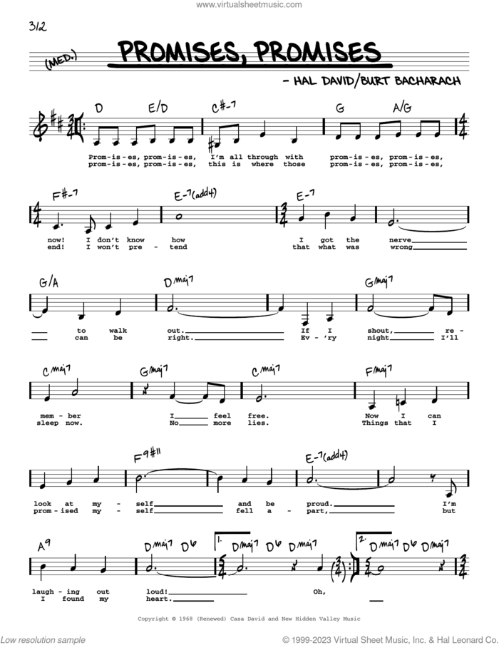 Promises, Promises (Low Voice) sheet music for voice and other instruments (low voice) by Burt Bacharach and Hal David, intermediate skill level