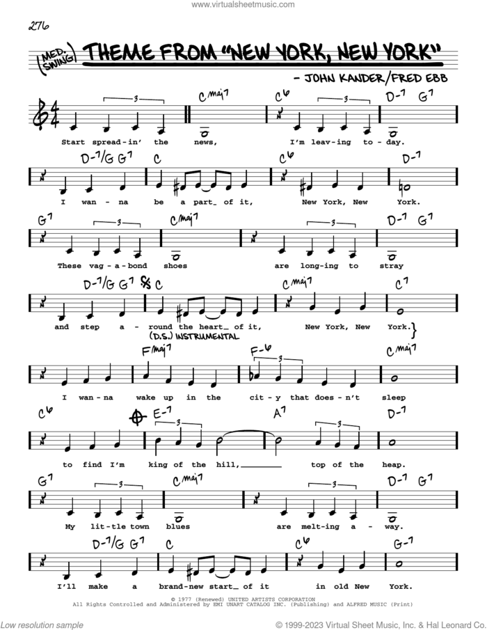 Theme from New York, New York (Low Voice) sheet music for voice and other instruments (low voice) by Frank Sinatra, Fred Ebb and John Kander, intermediate skill level