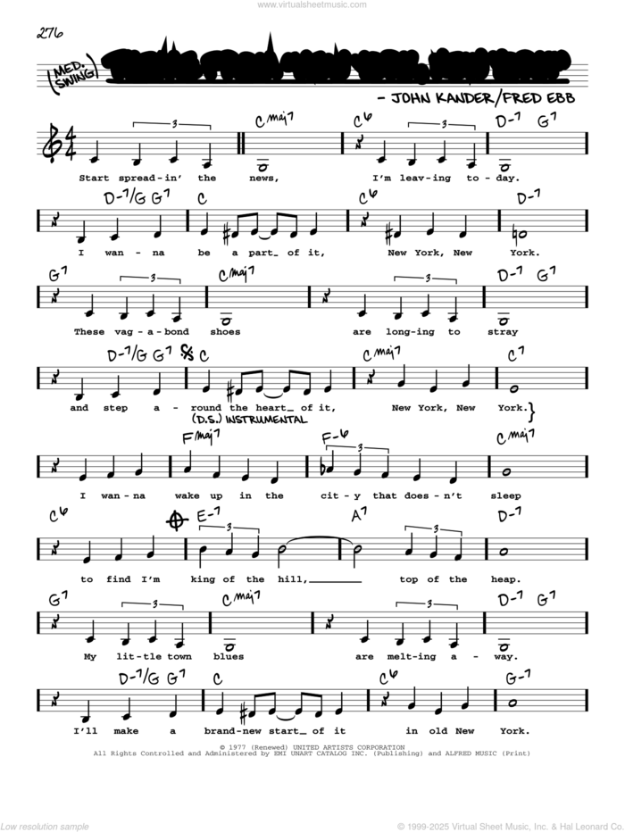 Theme from New York, New York (Low Voice) sheet music for voice and other instruments (low voice) by Frank Sinatra, Fred Ebb and John Kander, intermediate skill level