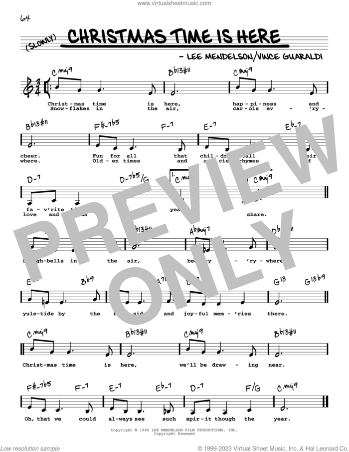 Christmas Time Is Here (Low Voice) sheet music for voice and other instruments (low voice) by Vince Guaraldi and Lee Mendelson, intermediate skill level