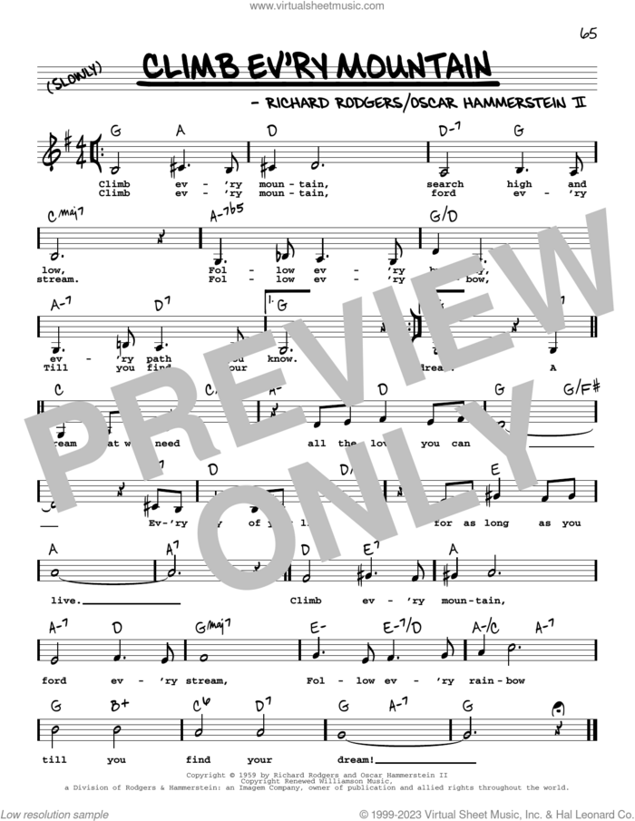 Climb Ev'ry Mountain (from The Sound Of Music) (Low Voice) sheet music for voice and other instruments (low voice) by Richard Rodgers, Oscar II Hammerstein and Rodgers & Hammerstein, intermediate skill level