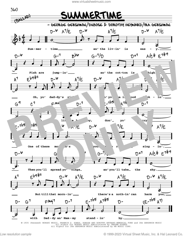Summertime (Low Voice) sheet music for voice and other instruments (low voice) by George Gershwin, Dorothy Heyward, DuBose Heyward and Ira Gershwin, intermediate skill level
