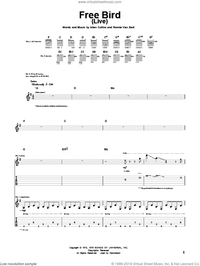 Free Bird sheet music for guitar (tablature) by Lynyrd Skynyrd, Allen Collins and Ronnie Van Zant, intermediate skill level