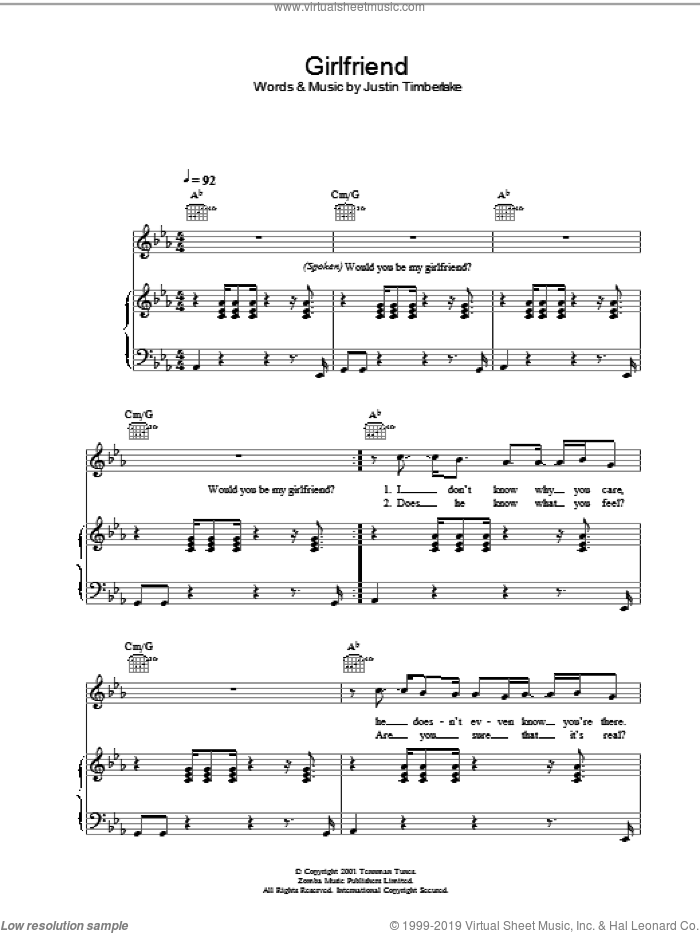 Girlfriend sheet music for voice, piano or guitar by Justin Timberlake, intermediate skill level