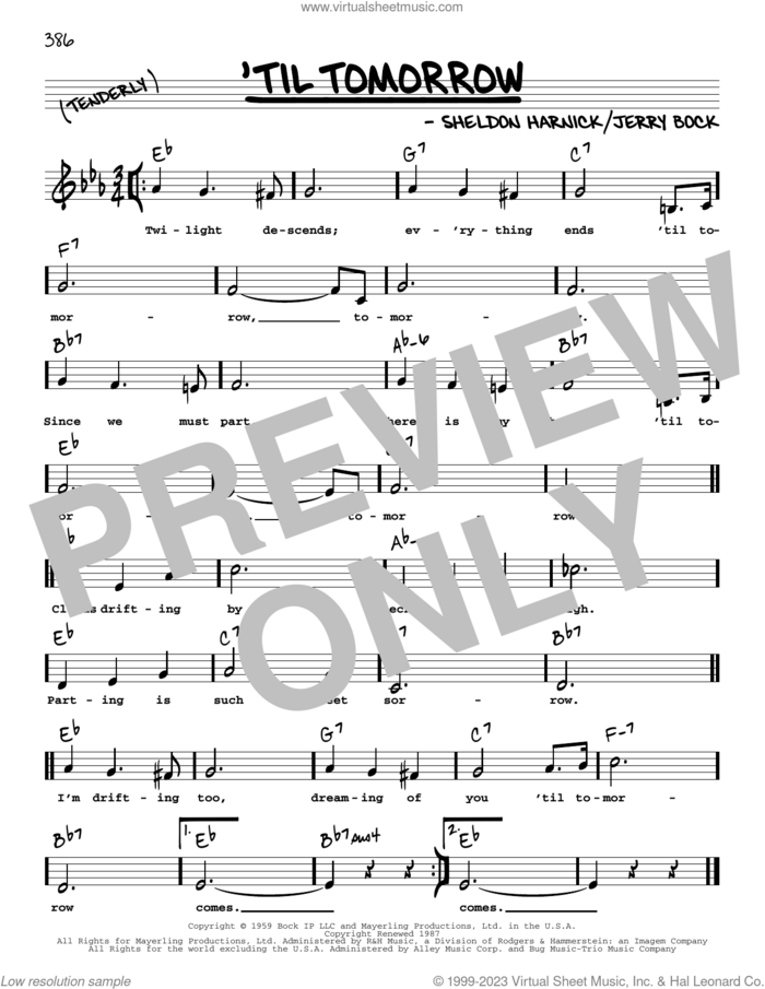 'Til Tomorrow (Low Voice) sheet music for voice and other instruments (low voice) by Jerry Bock and Sheldon Harnick, intermediate skill level