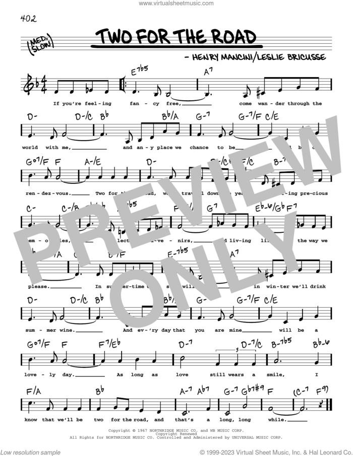 Two For The Road (Low Voice) sheet music for voice and other instruments (low voice) by Henry Mancini and Leslie Bricusse, intermediate skill level