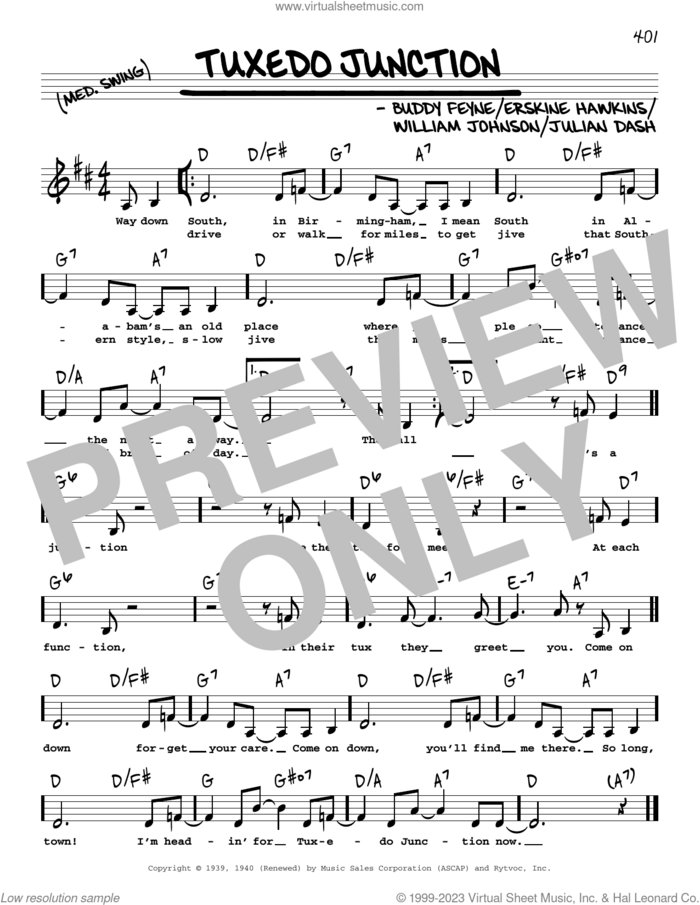 Tuxedo Junction (Low Voice) sheet music for voice and other instruments (low voice) by Buddy Feyne, Erskine Hawkins, Julian Dash and William Johnson, intermediate skill level