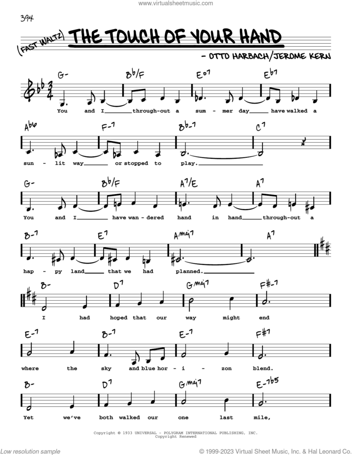 The Touch Of Your Hand (Low Voice) sheet music for voice and other instruments (low voice) by Jerome Kern and Otto Harbach, intermediate skill level