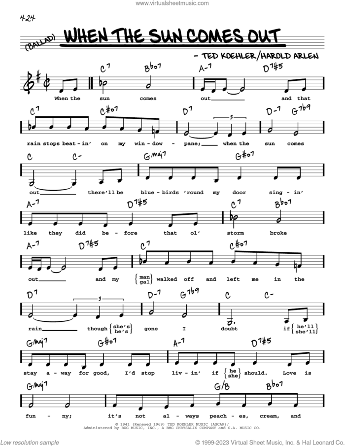 When The Sun Comes Out (Low Voice) sheet music for voice and other instruments (low voice) by Harold Arlen and Ted Koehler, intermediate skill level
