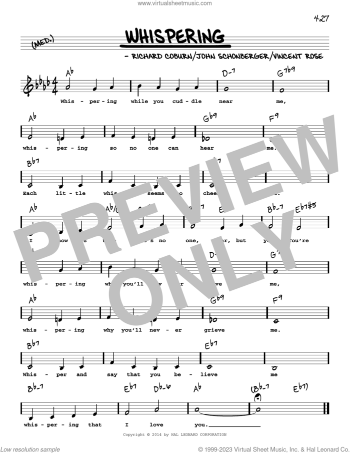 Whispering (Low Voice) sheet music for voice and other instruments (low voice) by John Schonberger, Richard Coburn and Vincent Rose, intermediate skill level