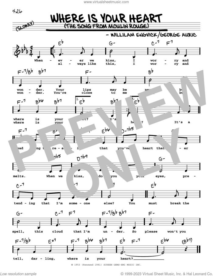 Where Is Your Heart (The Song From Moulin Rouge) (Low Voice) sheet music for voice and other instruments (low voice) by Percy Faith and His Orchestra, George Auric and William Engvick, intermediate skill level