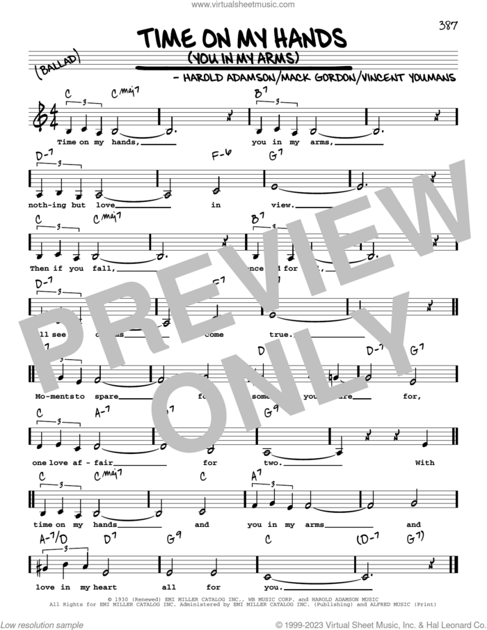 Time On My Hands (You In My Arms) (Low Voice) sheet music for voice and other instruments (low voice) by Harold Adamson, Mack Gordon and Vincent Youmans, intermediate skill level