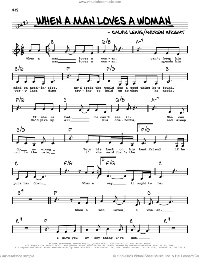 When A Man Loves A Woman (Low Voice) sheet music for voice and other instruments (low voice) by Percy Sledge, Andrew Wright and Calvin Lewis, intermediate skill level