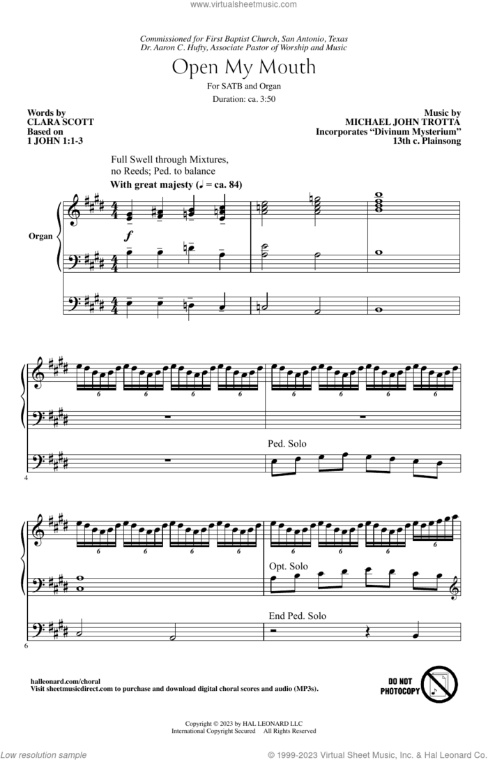 Open My Mouth sheet music for choir (SATB: soprano, alto, tenor, bass) by Michael John Trotta, 13th Century Plainsong and Clara Scott, intermediate skill level