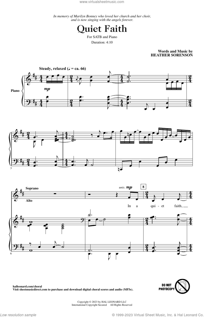 Quiet Faith sheet music for choir (SATB: soprano, alto, tenor, bass) by Heather Sorenson, intermediate skill level