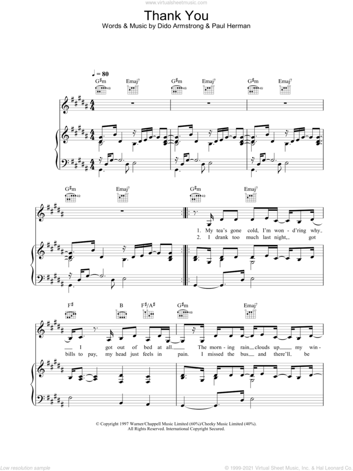 Thank You sheet music for voice, piano or guitar by Dido Armstrong, intermediate skill level