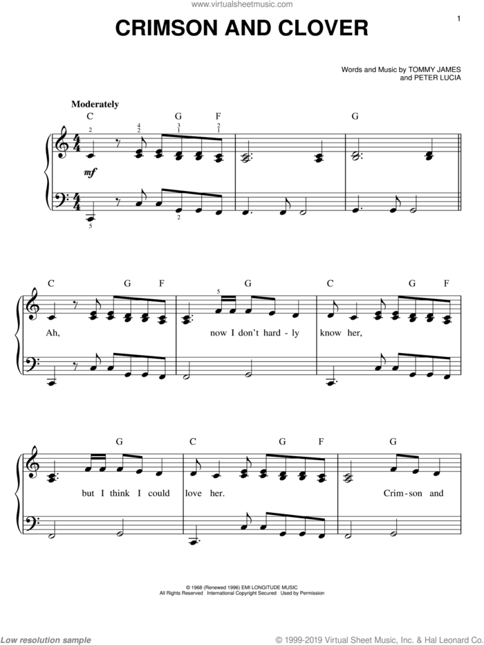 Crimson And Clover sheet music for piano solo by Tommy James & The Shondells, Joan Jett and Peter Lucia, easy skill level