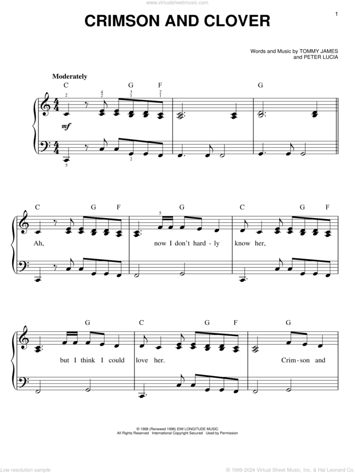 Crimson And Clover sheet music for piano solo by Tommy James & The Shondells, Joan Jett and Peter Lucia, easy skill level