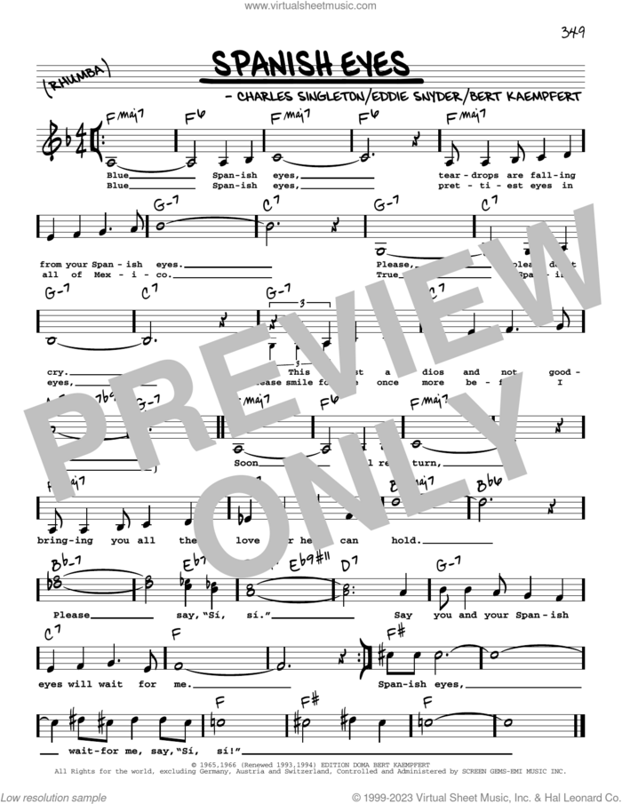 Spanish Eyes (Low Voice) sheet music for voice and other instruments (low voice) by Elvis Presley, Al Martino, Bert Kaempfert, Charles Singleton and Eddie Snyder, intermediate skill level