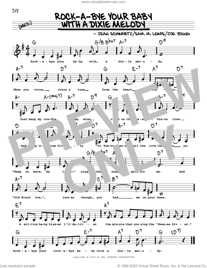 Rock-A-Bye Your Baby With A Dixie Melody (Low Voice) sheet music for voice and other instruments (low voice) by Al Jolson, Jean Schwartz, Joe Young and Sam Lewis, intermediate skill level