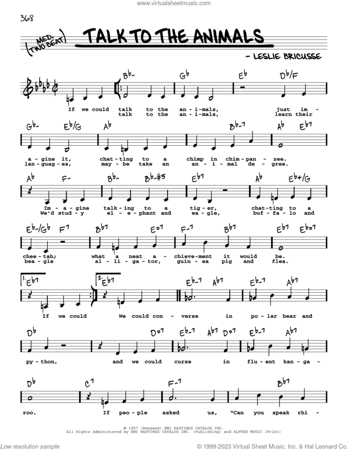 Talk To The Animals (Low Voice) sheet music for voice and other instruments (low voice) by Leslie Bricusse, intermediate skill level