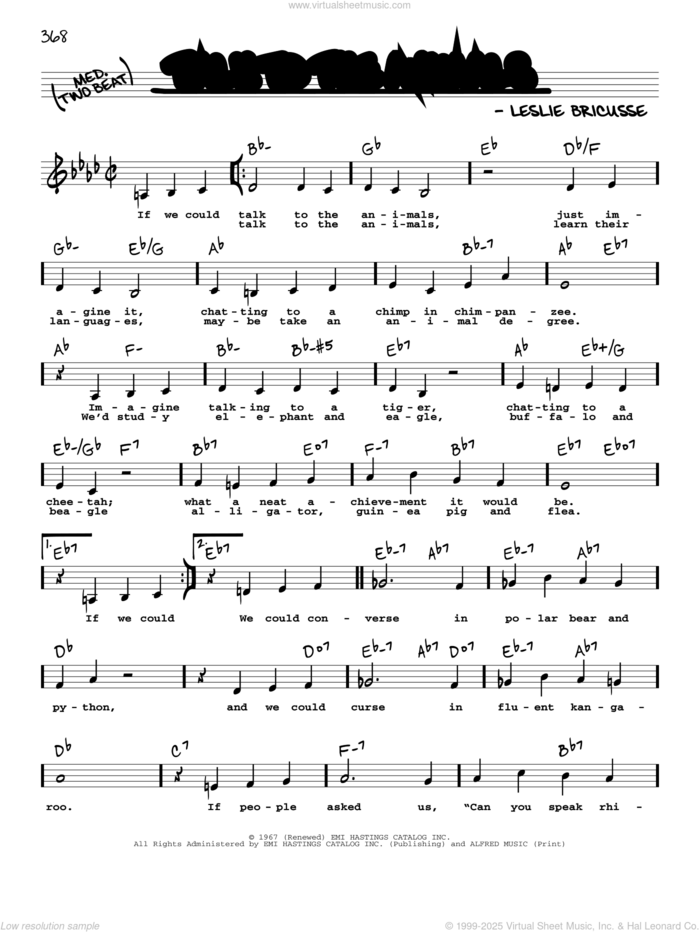 Talk To The Animals (Low Voice) sheet music for voice and other instruments (low voice) by Leslie Bricusse, intermediate skill level