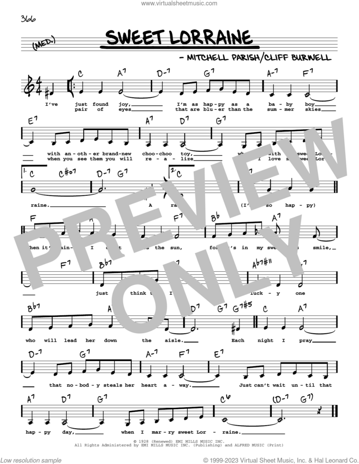 Sweet Lorraine (Low Voice) sheet music for voice and other instruments (low voice) by Mitchell Parish and Cliff Burwell, intermediate skill level