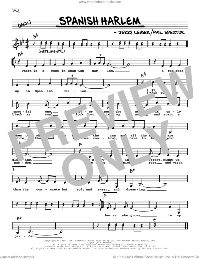 Spanish Harlem (Low Voice) sheet music for voice and other instruments (low voice) by Ben E. King, Aretha Franklin, Jerry Leiber and Phil Spector, intermediate skill level